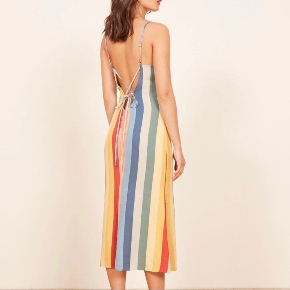 Rainbow stripped Reformation midi dress